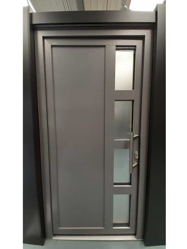 Solid aluminium clad timber Internorm entrance door with 4 Satinato obscure lights