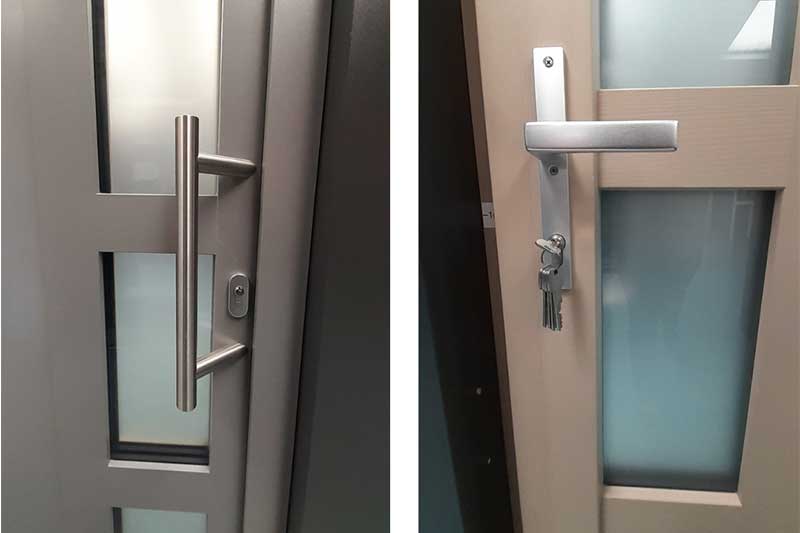 Solid aluminium clad timber Internorm entrance door with 4 Satinato obscure lights Solid aluminium clad timber Internorm entrance door with 4 Satinato obscure lights
