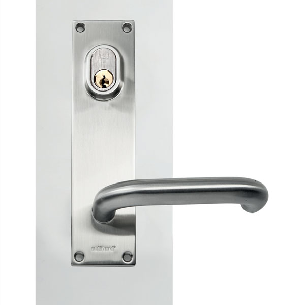 Entrance door handle with back plate key-key