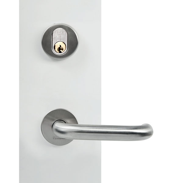 Entrance door handle with round rose key-key